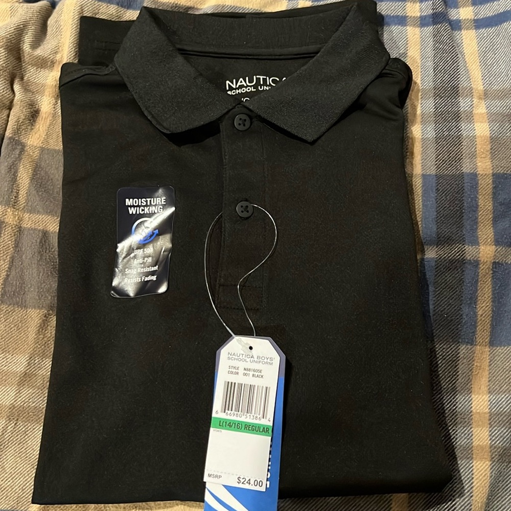 New Nautica Boys School Uniform black size large 14/16 regular short sleeve polo